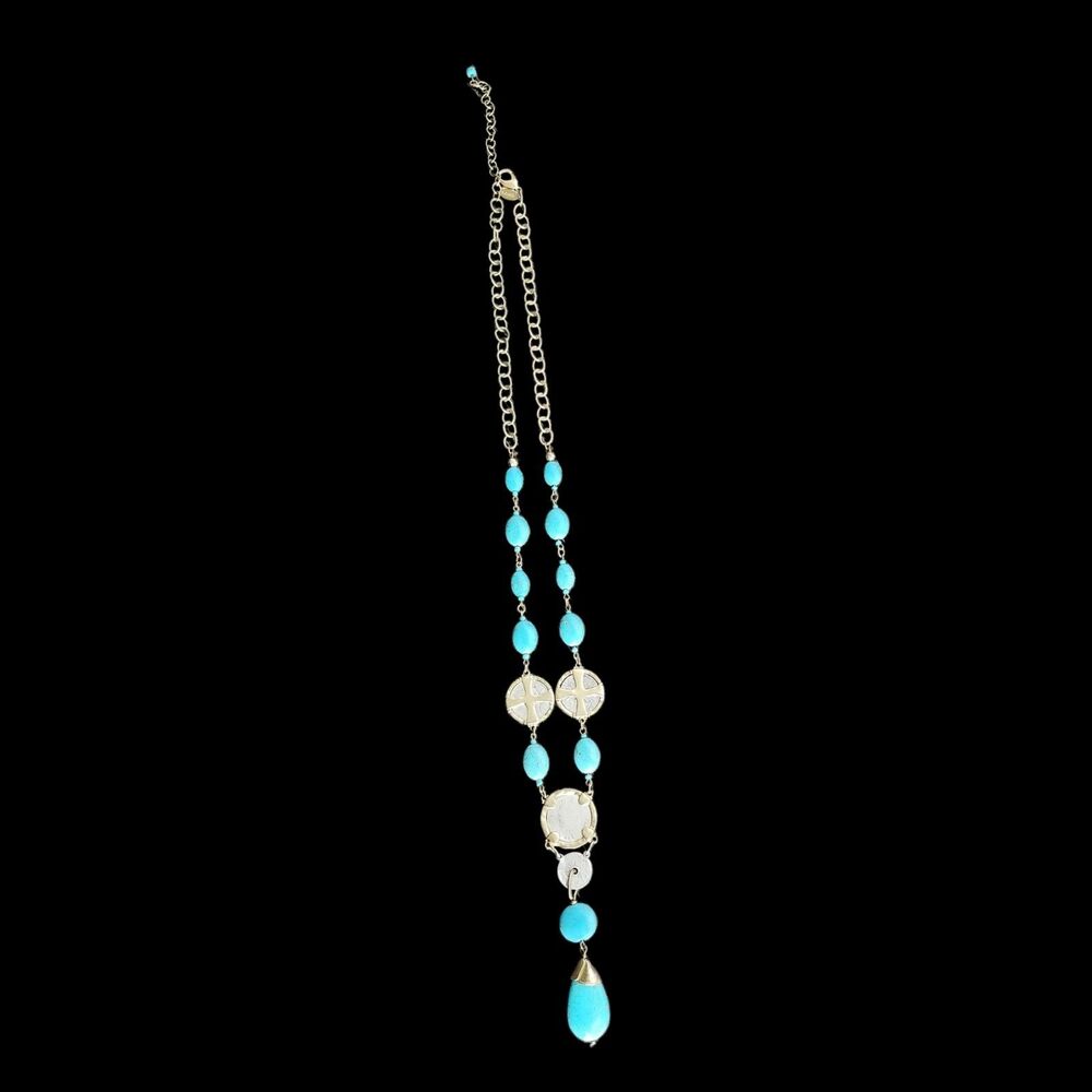 Chico's Statement Necklace Turquoise Color Beads & Spanish 5 PTAS Coin Charms